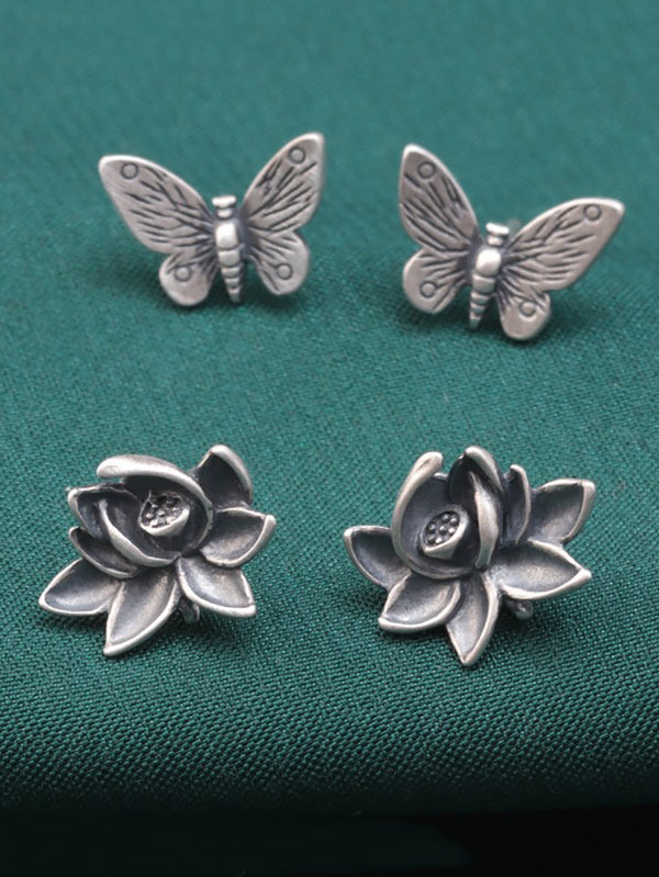 Vintage S925Sliver Flower Butterfly Ear Studs