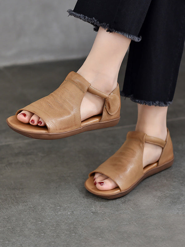 Women Summer Casual Solid Soft Leather Flat Sandals