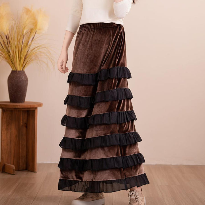 Women Vintage A-Line Layered Midi Skirt with Ruffled Hem - ZYLIRA