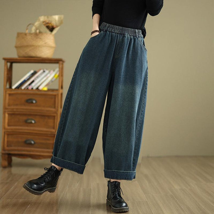 Women Winter Retro Casual Fleece-Lined Wide-Leg Denim Pants - ZYLIRA