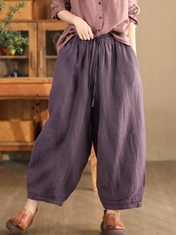 Zylira Women Autumn Retro Loose Solid Colors Hemp Harem Pants - ZYLIRA