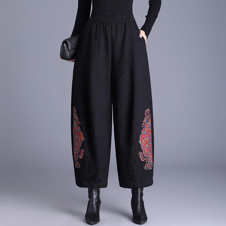 Zylira Women Winter Retro Fleece-Lined Embroidered Cotton Linen Wide-Leg Pants - ZYLIRA