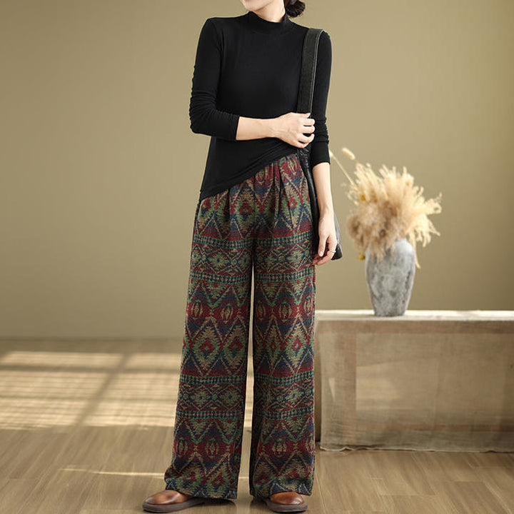 Zylira Women Autumn Retro Jacquard Cotton Wide-Leg Pants - ZYLIRA