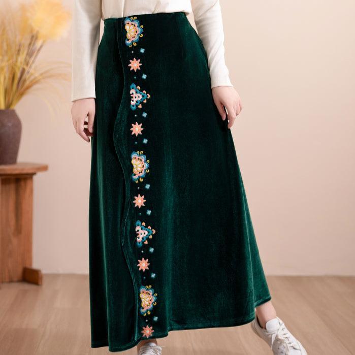 Women Autumn Floral Embroidered Velvet A- Line Skirt - ZYLIRA