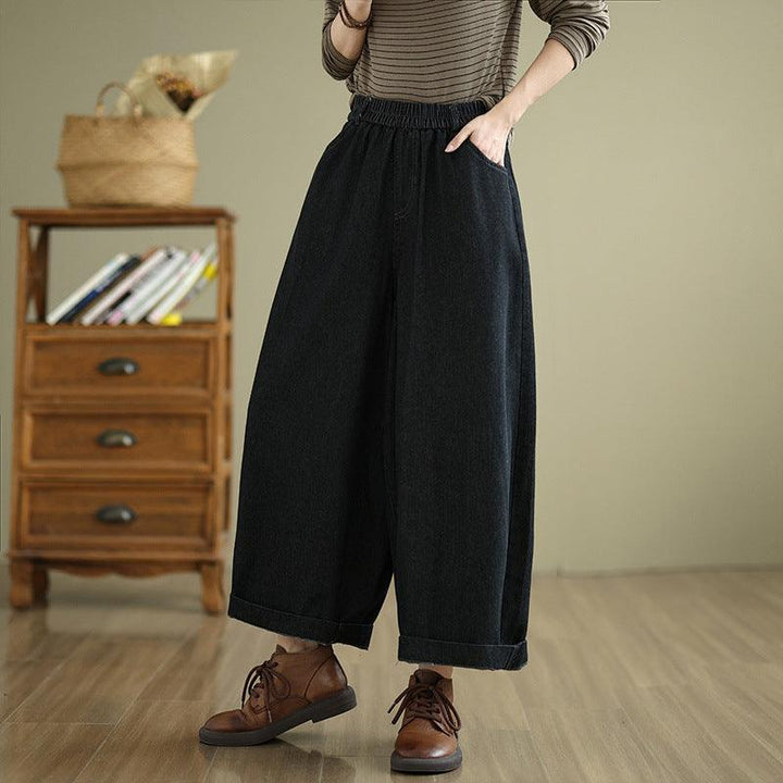 Women Winter Retro Casual Fleece-Lined Wide-Leg Denim Pants - ZYLIRA