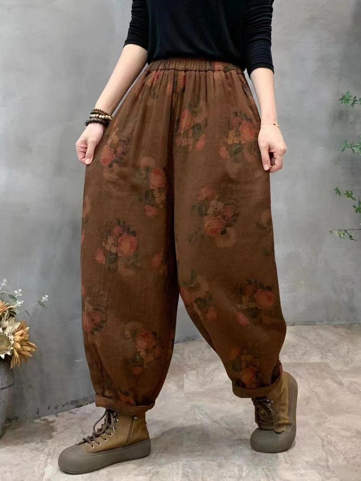 Zylira Women Autumn Retro Printed Cotton Floral Casual Harem Pants - ZYLIRA