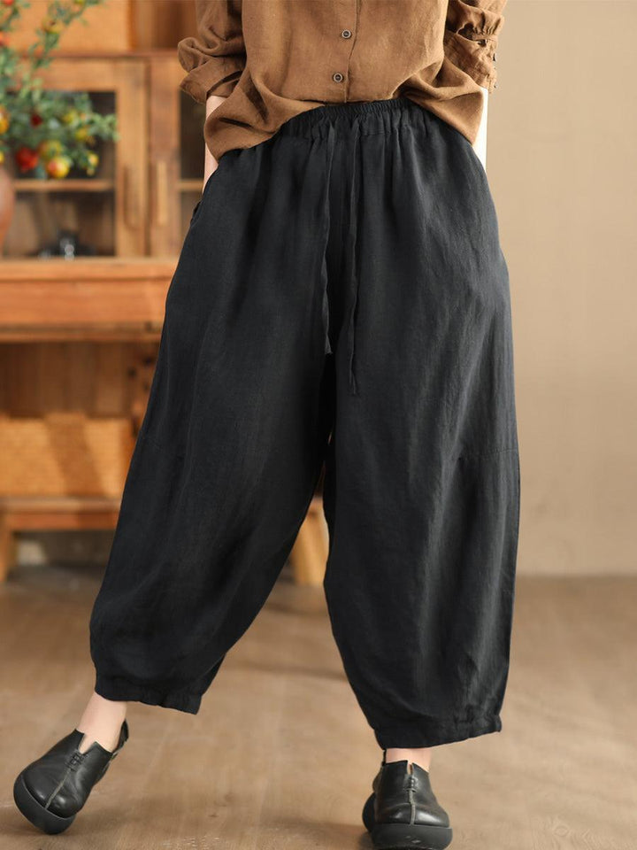 Zylira Women Autumn Retro Loose Solid Colors Hemp Harem Pants - ZYLIRA