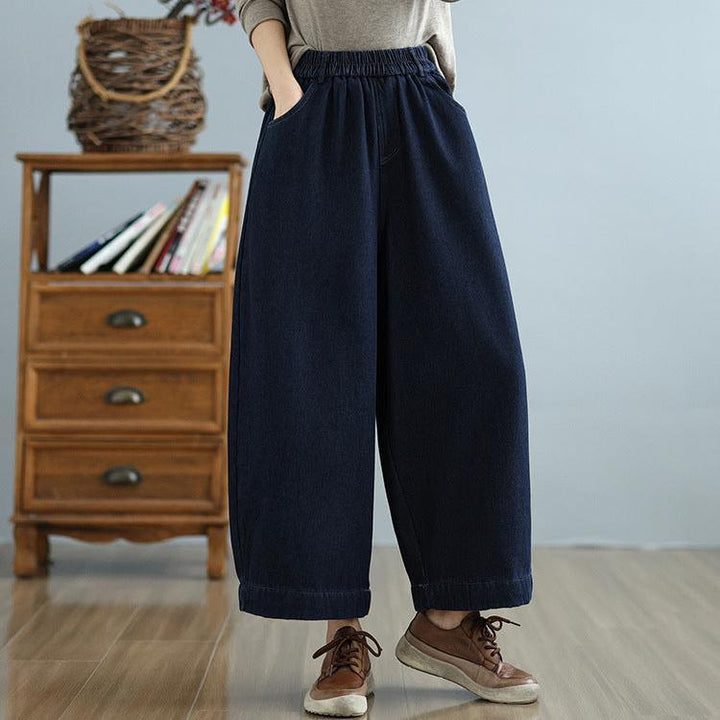 Women Winter Retro Casual Fleece-Lined Wide-Leg Denim Pants - ZYLIRA