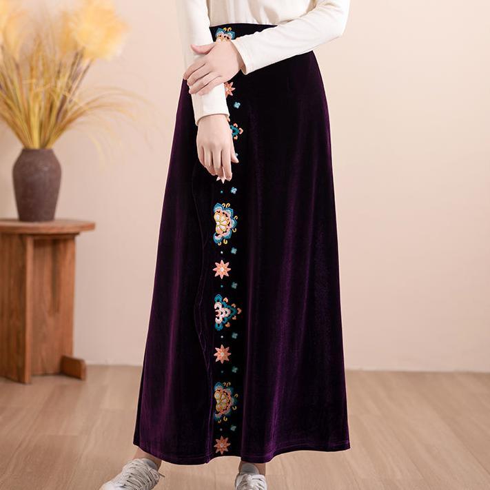 Women Autumn Floral Embroidered Velvet A- Line Skirt - ZYLIRA