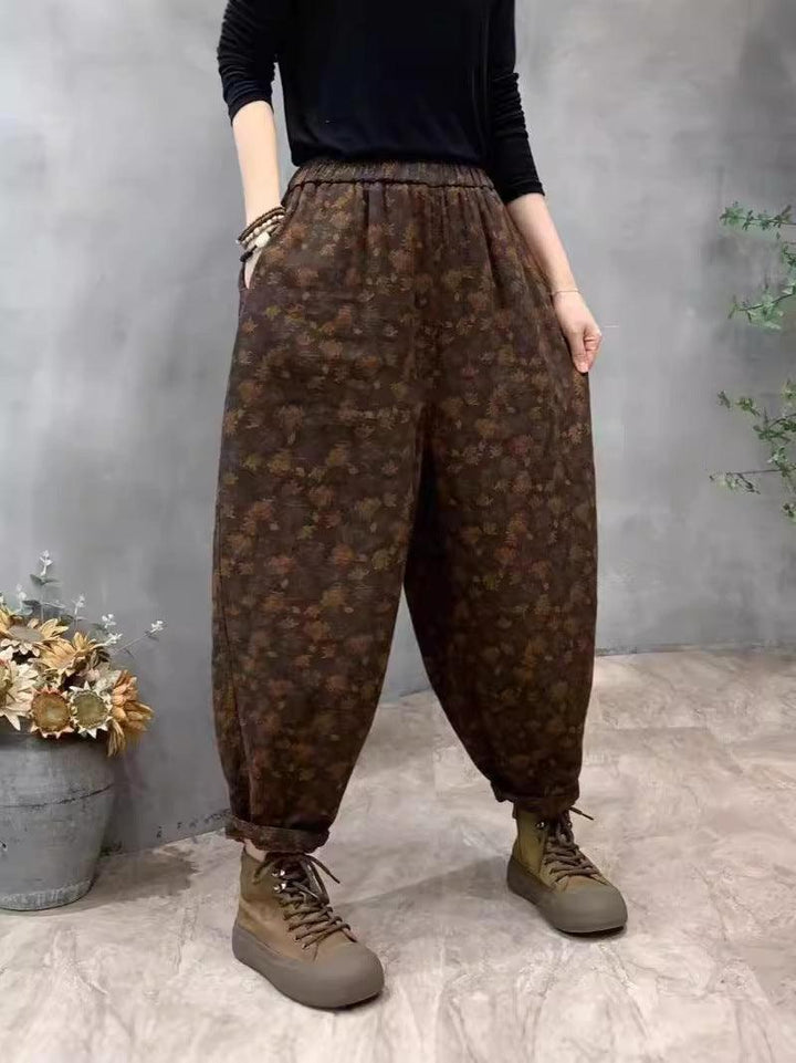 Zylira Women Autumn Retro Printed Cotton Floral Casual Harem Pants - ZYLIRA