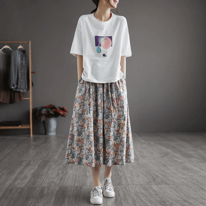 Zylira Women Summer New Cotton Floral A-Line Skirt - ZYLIRA