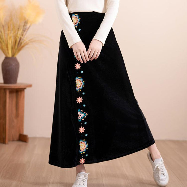 Women Autumn Floral Embroidered Velvet A- Line Skirt - ZYLIRA