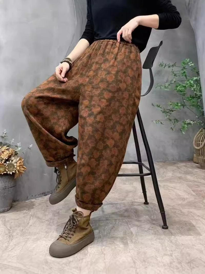 Zylira Women Autumn Retro Printed Cotton Floral Casual Harem Pants - ZYLIRA