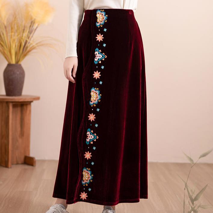 Women Autumn Floral Embroidered Velvet A- Line Skirt - ZYLIRA