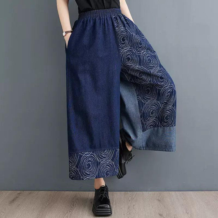 Zylira Women Two-Tone Denim Print Wide Legs Pants - ZYLIRA