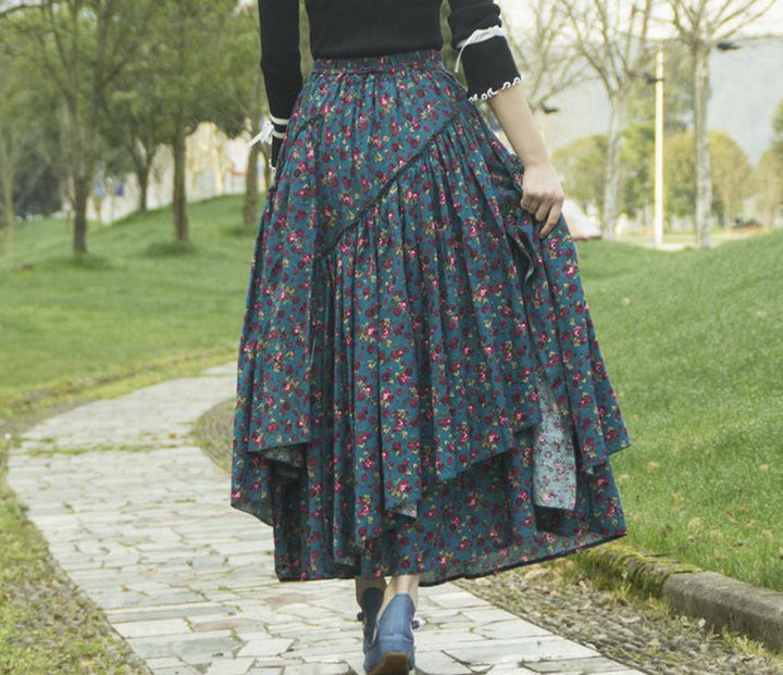 Vintage Floral Printed Ruffled Asymmetric Skirt - ZYLIRA