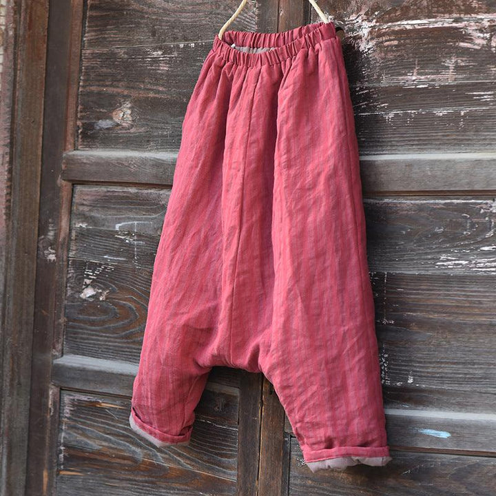 Women Striped Warm Drop-Crotch Cotton Linen Pants - ZYLIRA