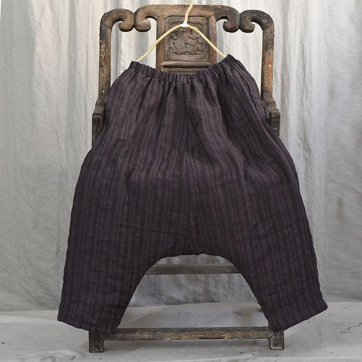 Women Striped Warm Drop-Crotch Cotton Linen Pants - ZYLIRA