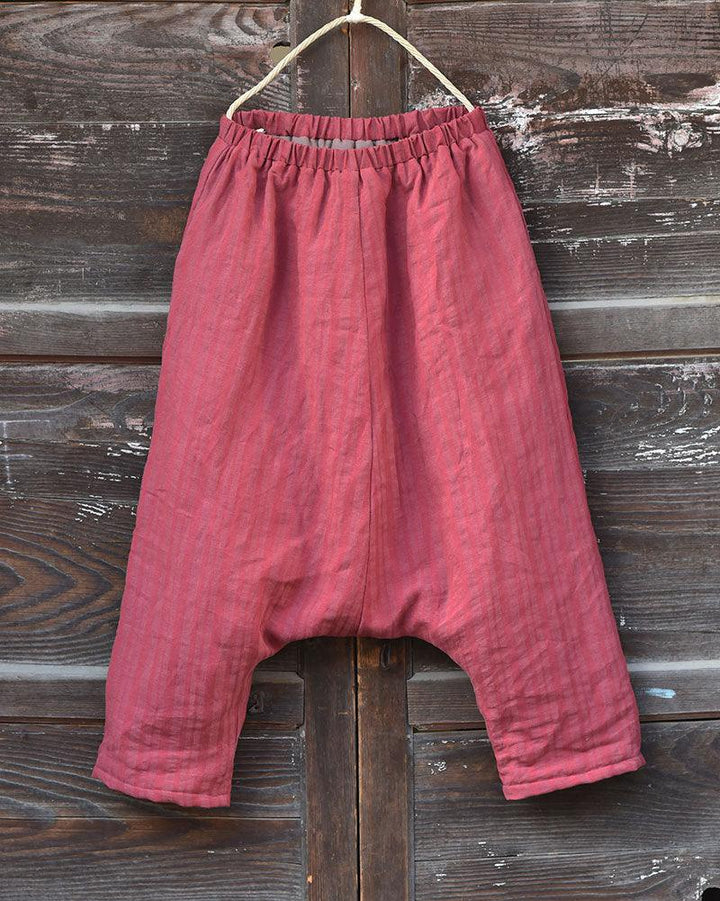 Women Striped Warm Drop-Crotch Cotton Linen Pants - ZYLIRA