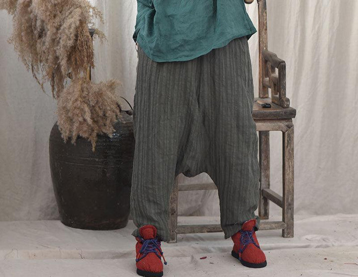 Women Striped Warm Drop-Crotch Cotton Linen Pants - ZYLIRA