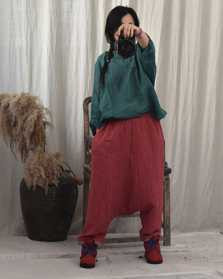 Women Striped Warm Drop-Crotch Cotton Linen Pants - ZYLIRA