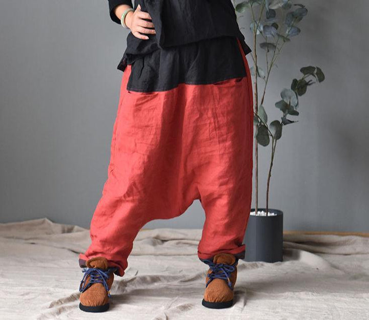 Women Color Block Warm Drop-Crotch Cotton Harem Pants - ZYLIRA