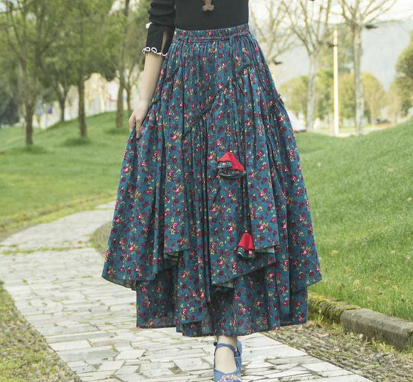 Vintage Floral Printed Ruffled Asymmetric Skirt - ZYLIRA