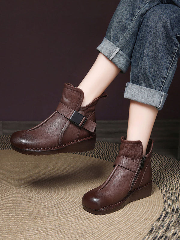 Women Retro Leather Spliced Mid Heel Ankle Boots