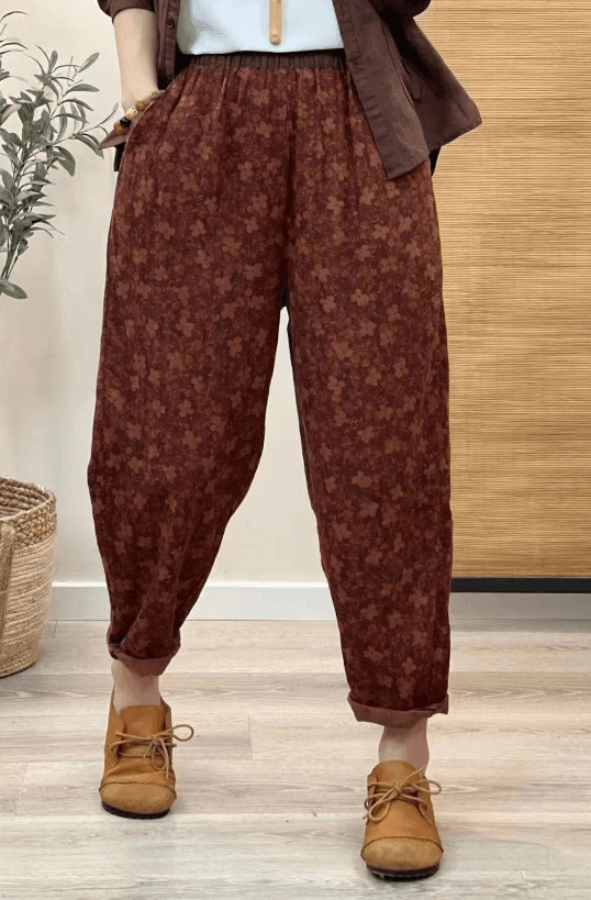 Zylira Women Autumn Vintage Floral Cotton Linen Harem Pants - ZYLIRA