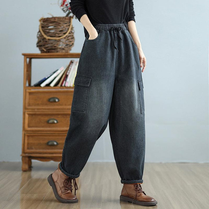 Women Winter Retro Plus-Size Fleece-Lined Relaxed Fit Thick Harem Pants - ZYLIRA