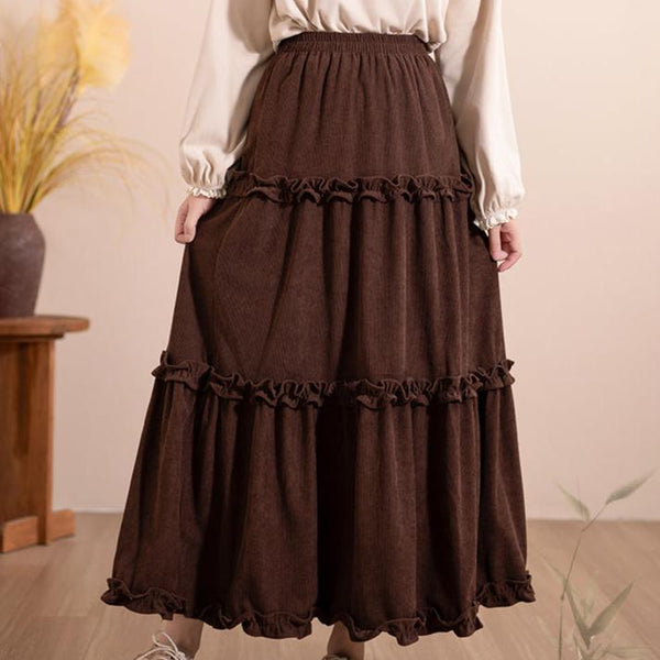 Women Winter Vintage Ruffled Cotton Corduroy Flared Skirt - ZYLIRA