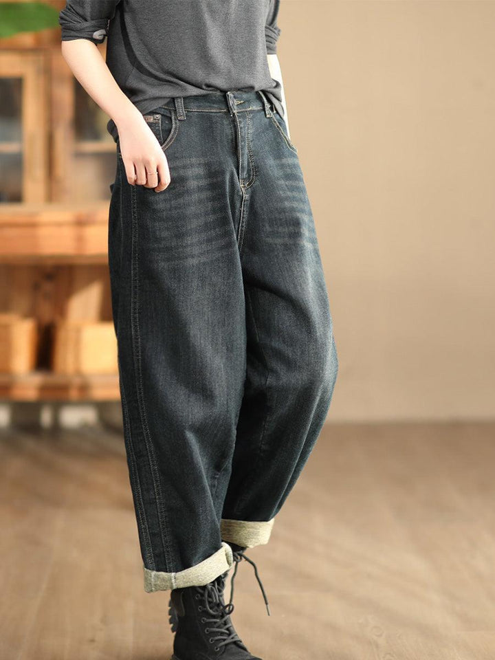 Zylira Women Autumn Simple Artistic High Elastic Waist Denim Pants - ZYLIRA