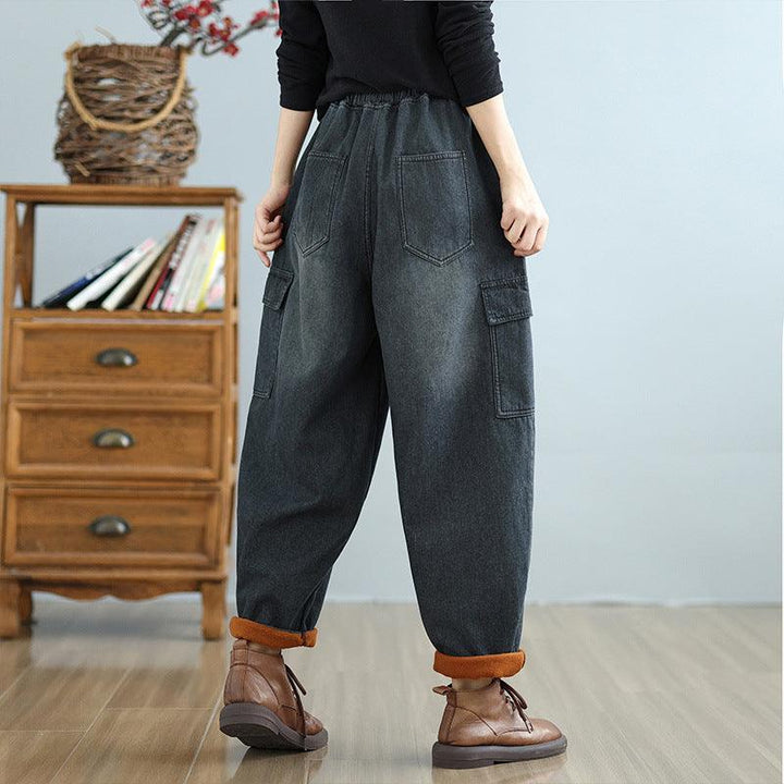 Women Winter Retro Plus-Size Fleece-Lined Relaxed Fit Thick Harem Pants - ZYLIRA