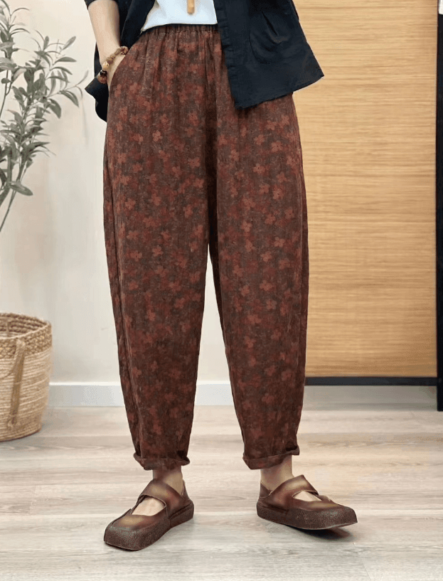 Zylira Women Autumn Vintage Floral Cotton Linen Harem Pants - ZYLIRA