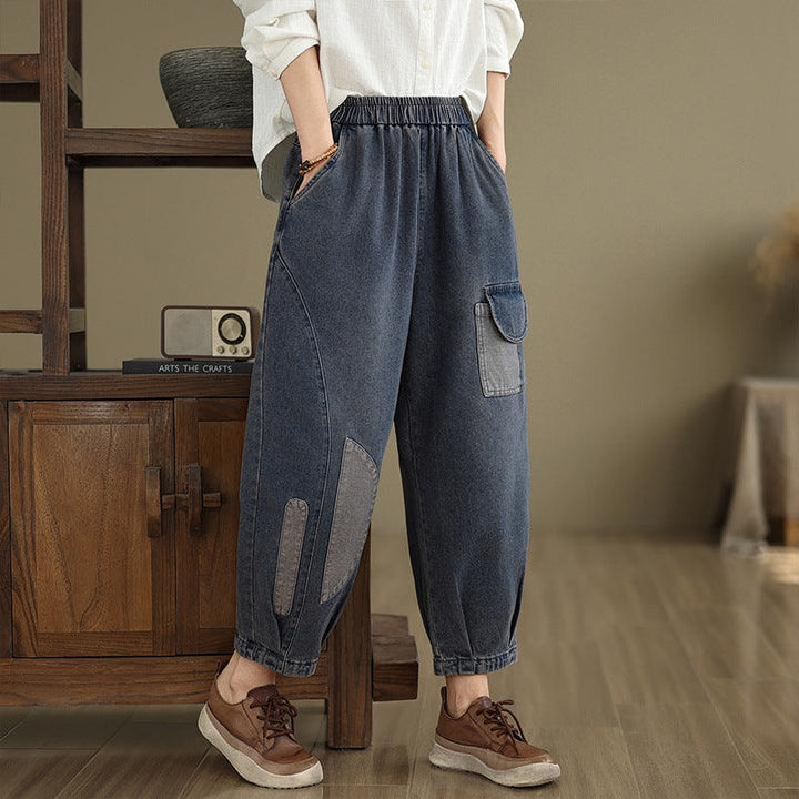 Zylira Women Autumn Retro Patchwork Casual Cotton Denim Pants - ZYLIRA