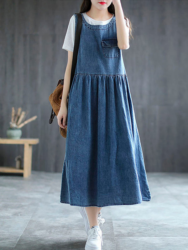 Plus Size Denim Pleated Long Sleeveless Pinafore Dress