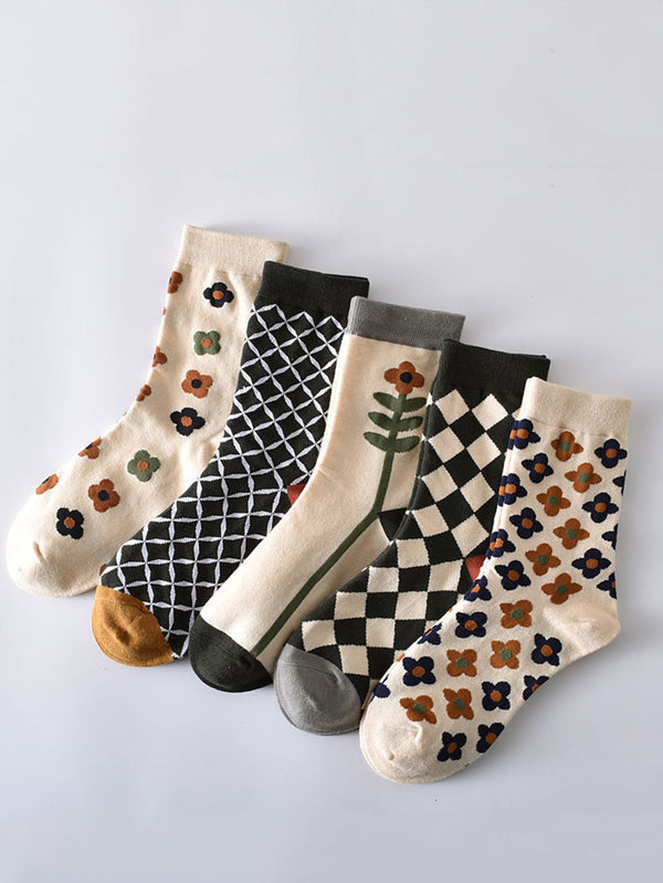 5 Pairs Women Casual Rhomboids Flower Socks