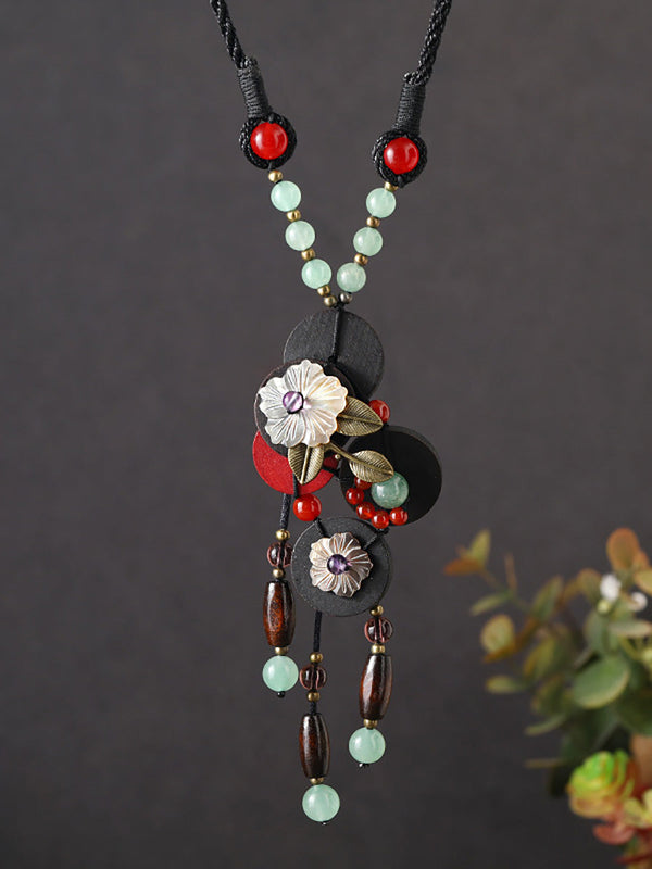 Women Ethnic Wooden Alloy Flower Tassel Pandent Necklace