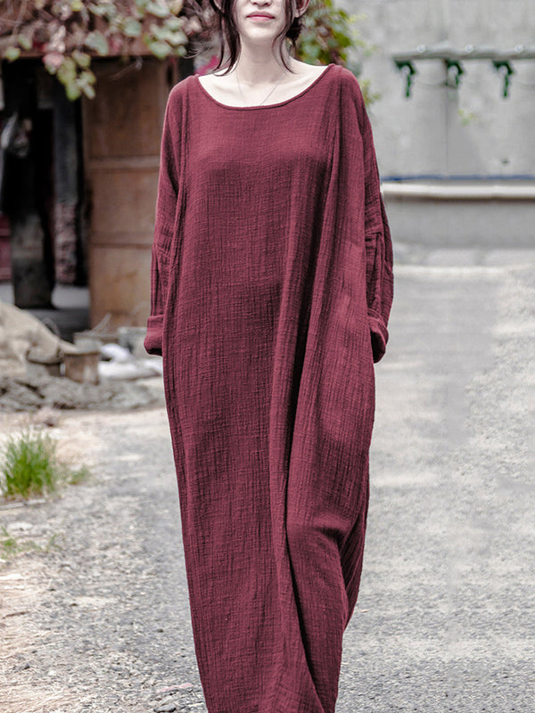 Women Casual Autumn Solid O-Neck Cotton Linen Dress