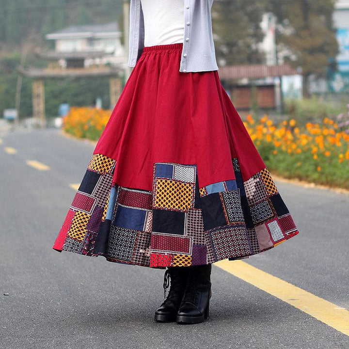 Ethnic Style Color Block Cotton Linen A- Line Skirts - ZYLIRA