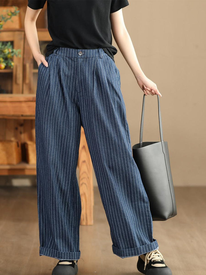 Zylira Women Autumn Cotton Linen Denim Striped Wide- Leg Pants - ZYLIRA