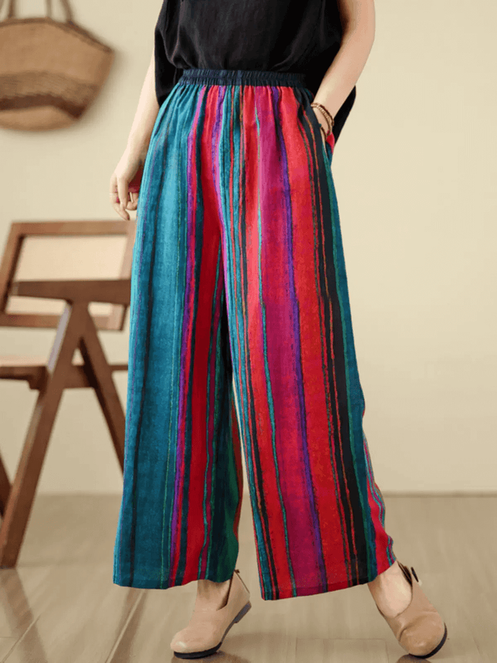 Zylira Women Summer Vintage Striped Ramie Wide-Leg Pants - ZYLIRA