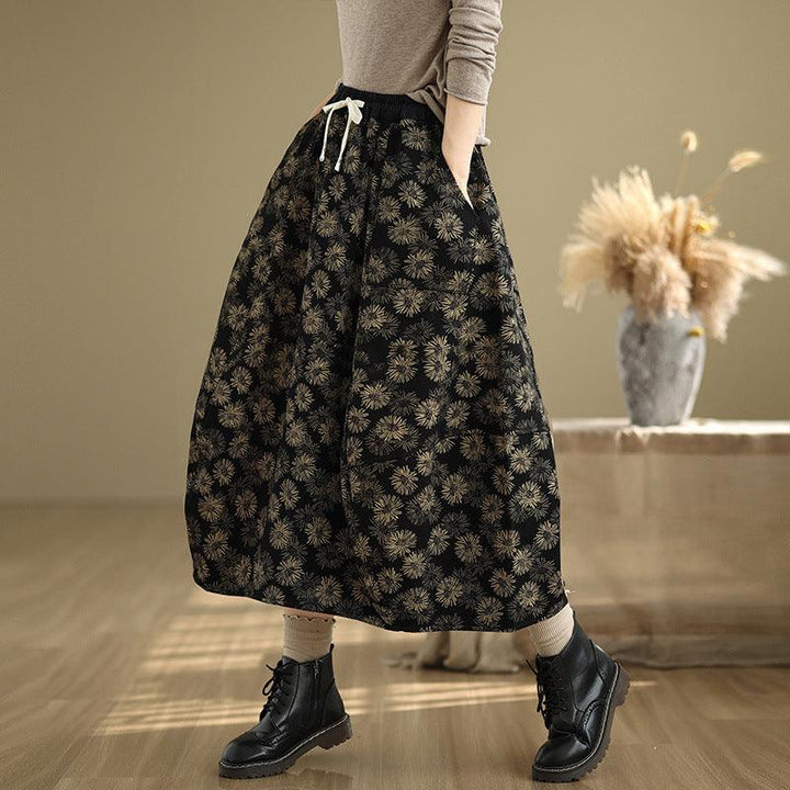 Zylira Women Winter Retro Printed Floral Fleece-Lined A-Line Skirt - ZYLIRA