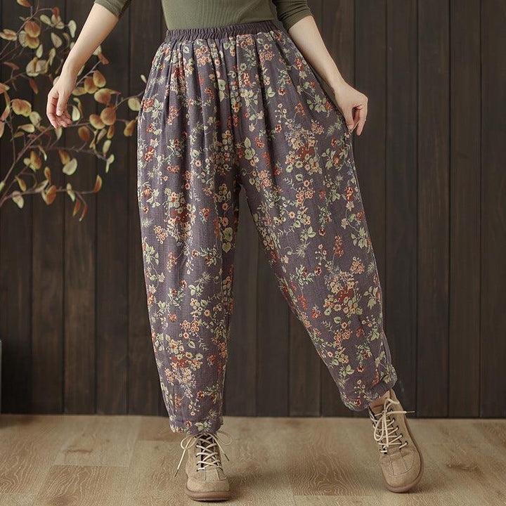 Zylira Women Winter Printed Floral Cotton Linen Cotton-Padded Pants - ZYLIRA