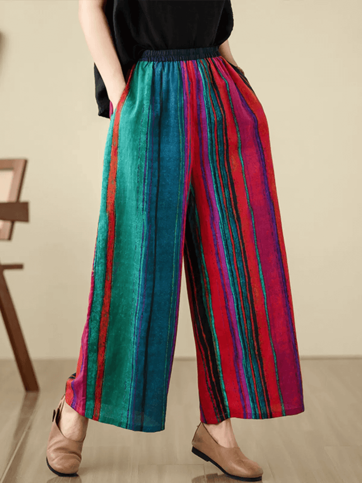 Zylira Women Summer Vintage Striped Ramie Wide-Leg Pants - ZYLIRA