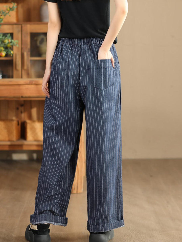 Zylira Women Autumn Cotton Linen Denim Striped Wide- Leg Pants - ZYLIRA