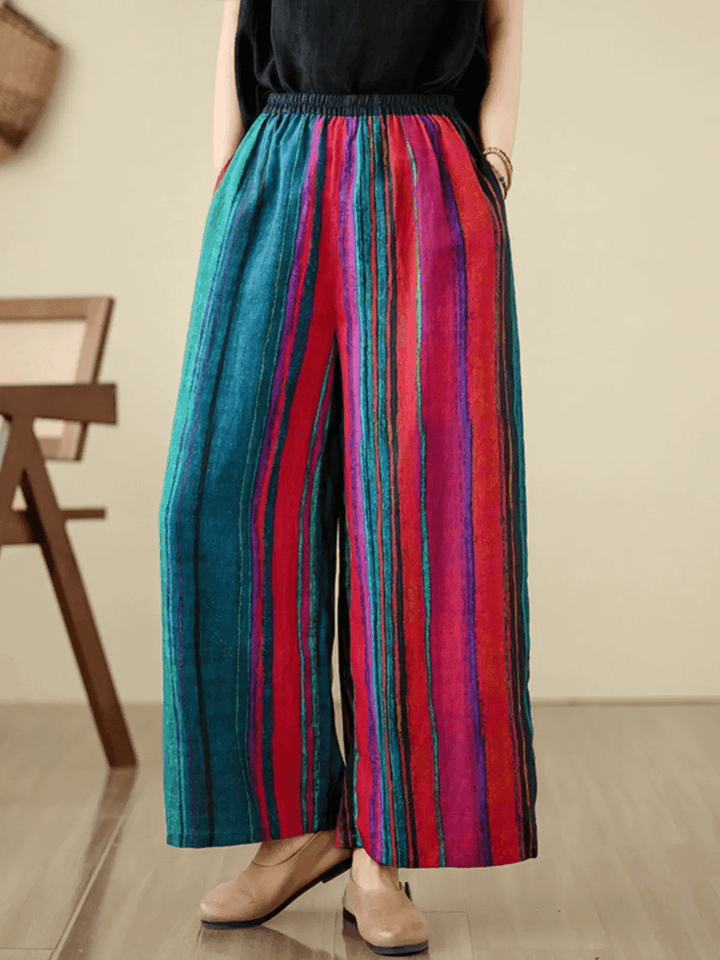 Zylira Women Summer Vintage Striped Ramie Wide-Leg Pants - ZYLIRA