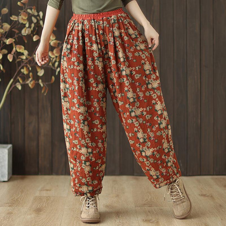 Zylira Women Winter Printed Floral Cotton Linen Cotton-Padded Pants - ZYLIRA