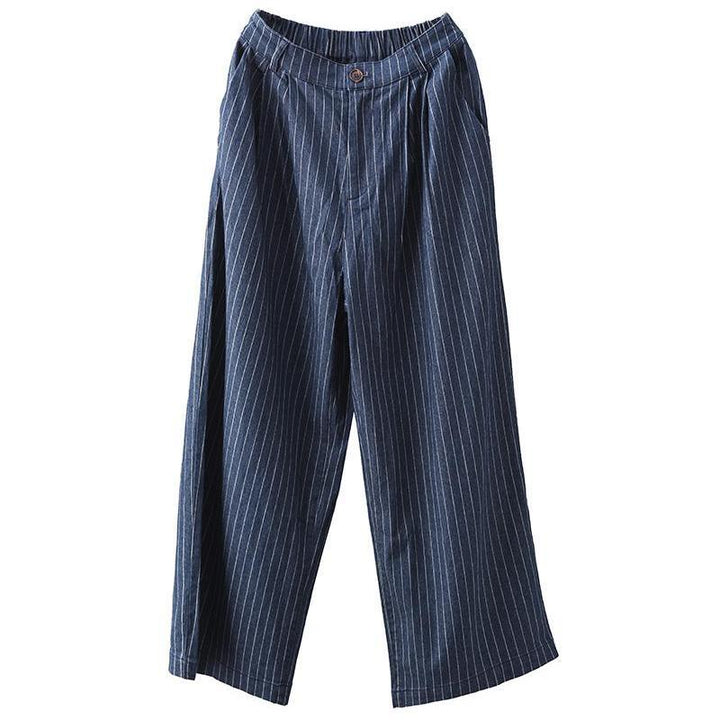 Zylira Women Autumn Cotton Linen Denim Striped Wide- Leg Pants - ZYLIRA