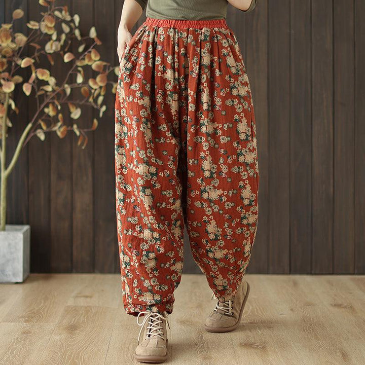 Zylira Women Winter Printed Floral Cotton Linen Cotton-Padded Pants - ZYLIRA